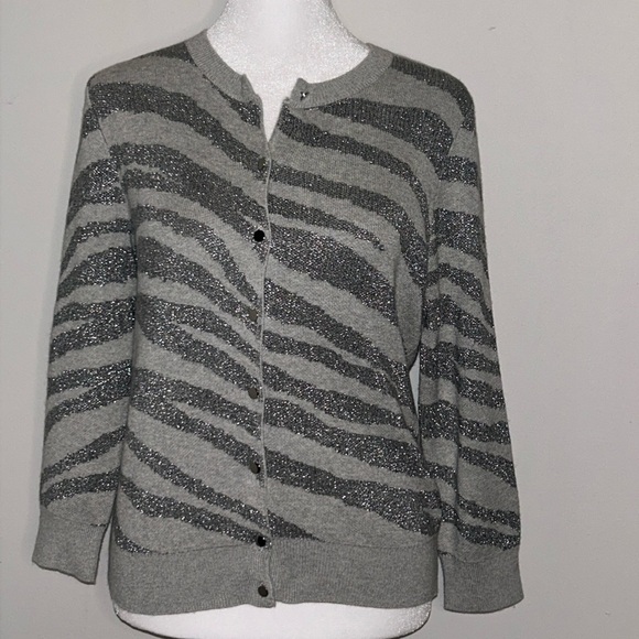 Banana Republic Metallic Silver Zebra 🦓 Striped Cardigan Size Medium Pet… - Picture 1 of 7